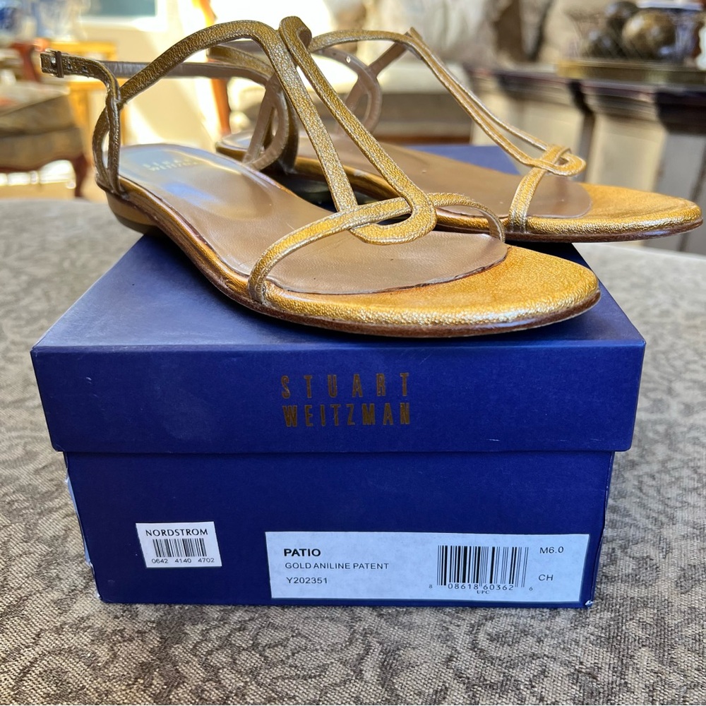 Vintage Stuart Weitzman Patio Gold Aniline Patent Leather Size 6 Made In Spain